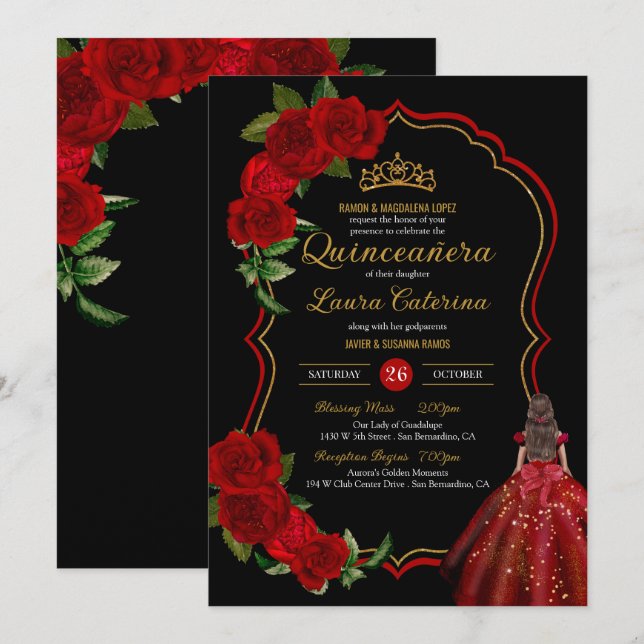 Invitation Roses rouges Roses noires et or robe élégante Quin (Devant / Derrière)
