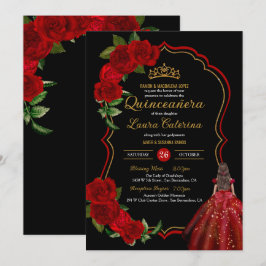 Invitation Roses rouges Roses noires et or robe élégante Quin