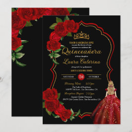 Invitation Roses rouges Roses noires et or robe élégante Quin