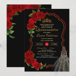Invitation Roses rouges Roses noires et or robe élégante Quin