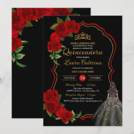 Invitation Roses rouges Roses noires et or robe élégante Quin