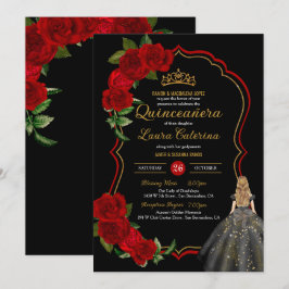 Invitation Roses rouges Roses noires et or robe élégante Quin