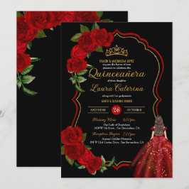 Invitation Roses rouges Roses noires et or robe élégante Quin