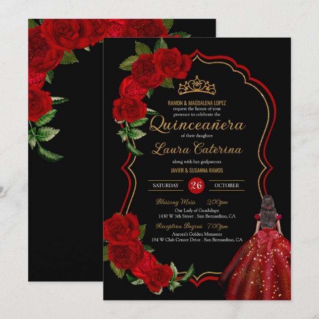 Invitation Roses rouges Roses noires et or robe élégante Quin (Devant / Derrière)