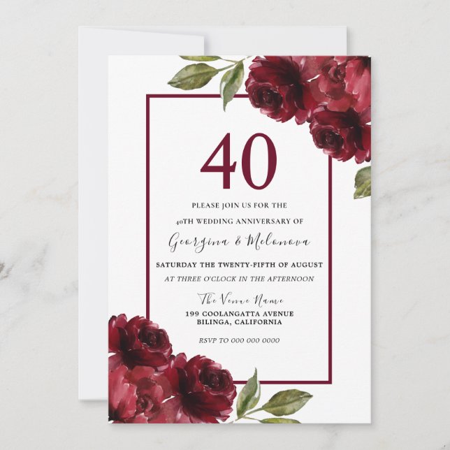 Invitation Roses rouges rubis romantiques 40e anniversaire de (Devant)