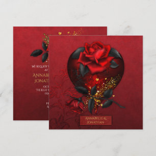 Invitation Roses rouges saignantes Feuilles noirs Mariage or 