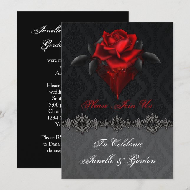 Invitation Roses rouges sang Réception en noir et damas uniqu (Devant / Derrière)