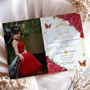 Invitation Roses rouges Sweet sixteen de papillons d'or