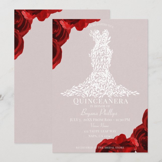Invitation Roses rouges Taupe Roses Feuilles blancs Quinceañe (Devant / Derrière)