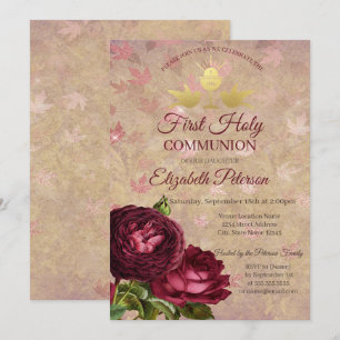 Invitation Roses Rouges Tombant Feuille Première Communion Sa