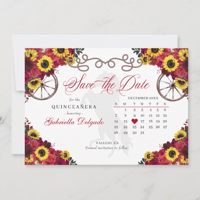 Invitation Roses Rouges Tournesols Quinceañera Enregistrer La (Devant)
