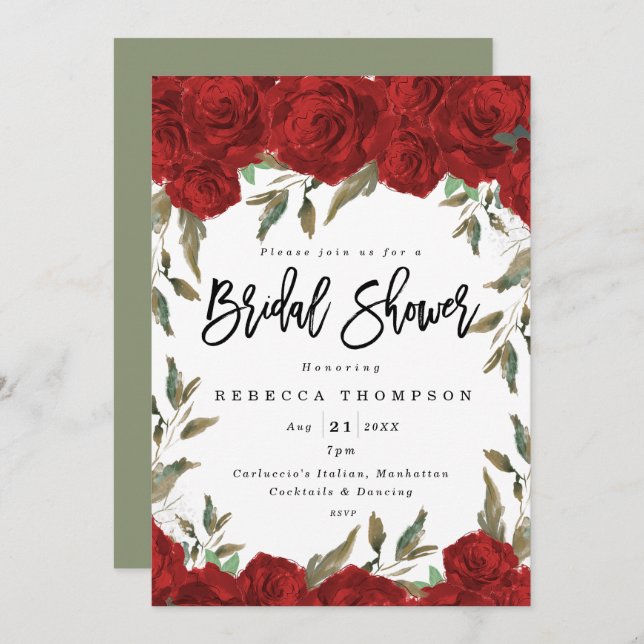 Invitation roses rouges & verdure boho douche nuptiale modern (Devant / Derrière)