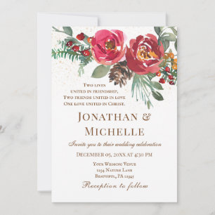 Invitation Roses rouges Verdure hiver Mariage christianisme