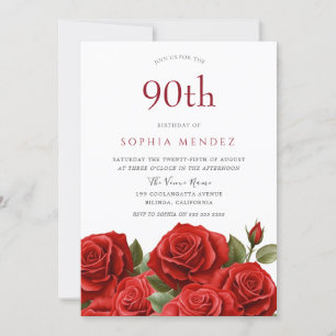 Invitation Roses rouges vibrantes 90e fête d'anniversaire