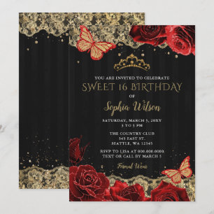 Invitation Roses rouges vintages dentelle d'or noir Sweet 16