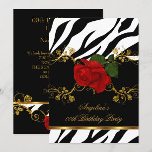 Invitation Roses rouges zèbre noir blanc or Fête d'anniversai