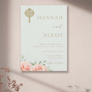 Invitation Roses Rougissants Vert Sauge Double Bonheur Monogr