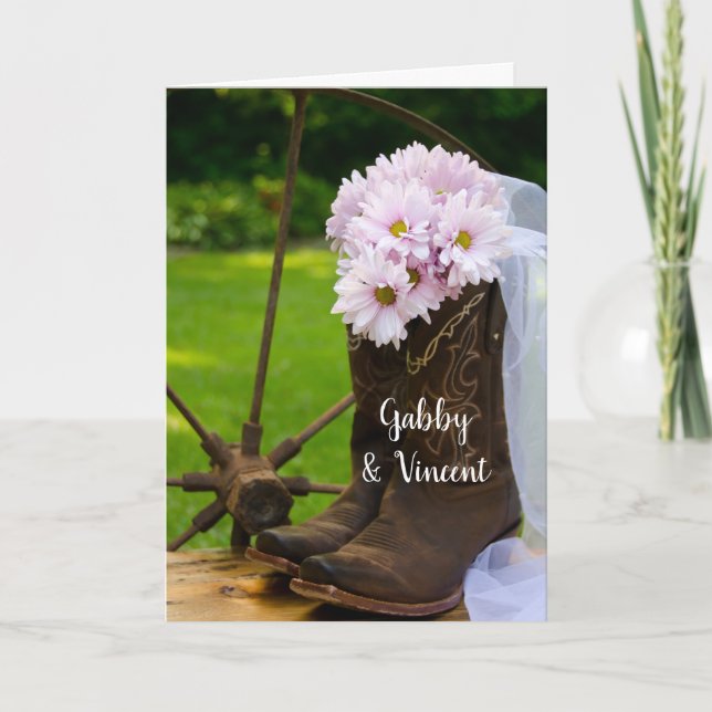 Invitation Roses Rustiques Marguerites Cowboy Bottes Mariage (Devant)