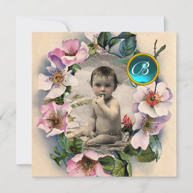 Invitation Roses SAUVAGE, STORK GARY MODÈLE PHOTO BABY SHOWER (Devant)