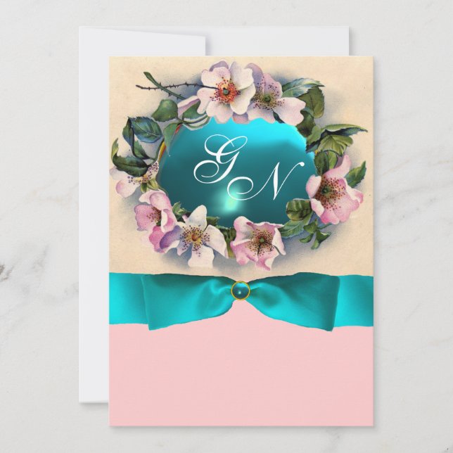 Invitation Roses SAUVAGES AVEC RIBBON BLEU TURQUOISE, MONOGRA (Devant)