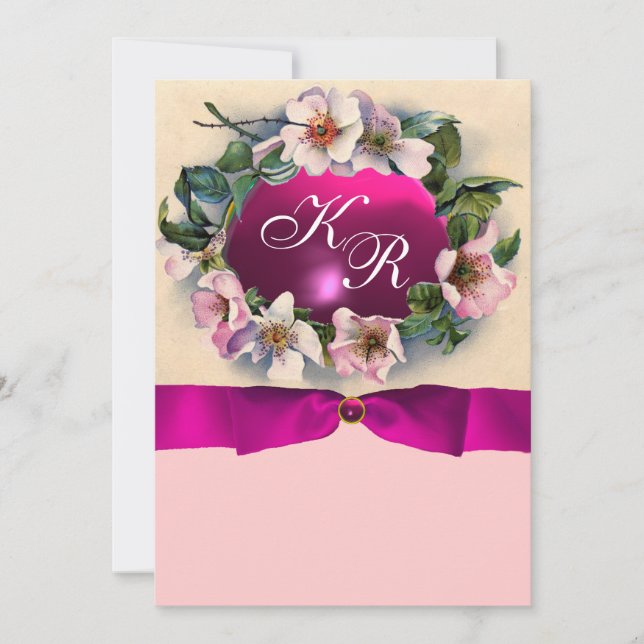 INVITATION ROSES SAUVAGES AVEC RUBAN ROSE , MONOGRAMME (Devant)