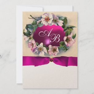Invitation ROSES SAUVAGES AVEC RUBAN ROSE, MONOGRAMME Métal D
