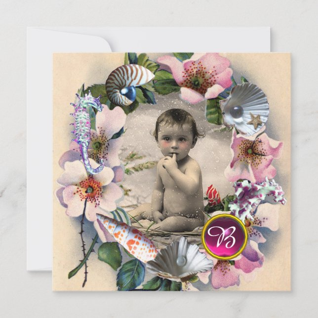 Invitation Roses SAUVAGES, BABY SHOWER DE COQUILLES DE MER MO (Devant)