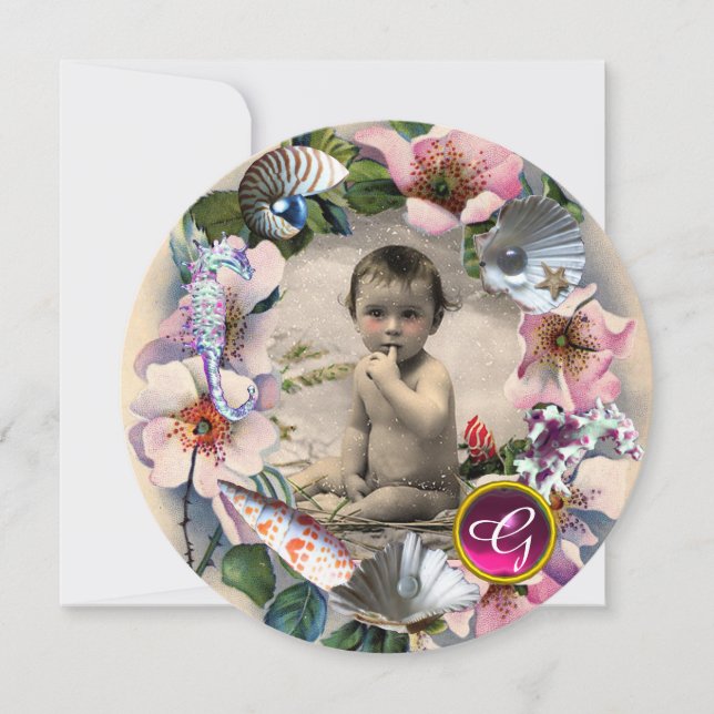 Invitation Roses SAUVAGES, BABY SHOWER DE COQUILLES DE MER MO (Devant)