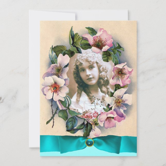INVITATION ROSES SAUVAGES ET RUBAN BLEU GABARIT PHOTO SWEET 1 (Devant)