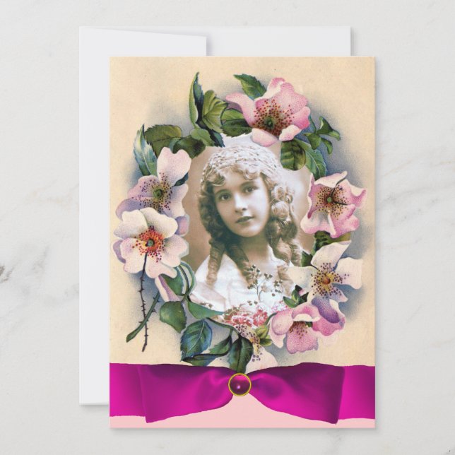 INVITATION ROSES SAUVAGES ET RUBAN ROSE POUR SUCRÉE 16 ANS GA (Devant)