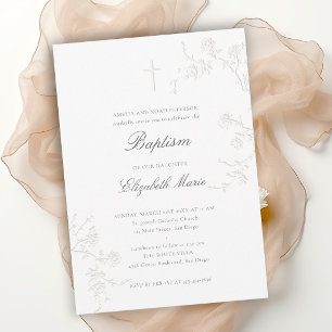 Invitation Roses Sauvages Jardin Délicat Classique Blanc Bapt