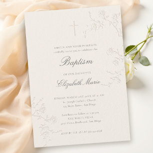 Invitation Roses Sauvages Jardin Délicat Classique Ecru Baptê
