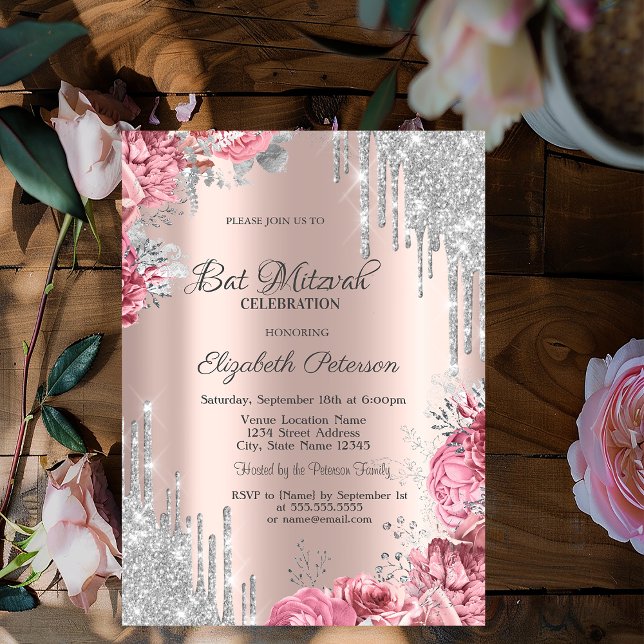 Invitation Roses Silver Glitter Drips Rose Gold Bar Mitzvah (Créateur téléchargé)