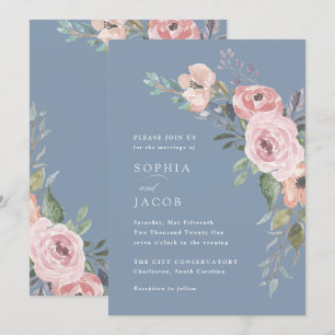 Invitation Roses subtils d'aquarelle   Dusty Blue Mariage