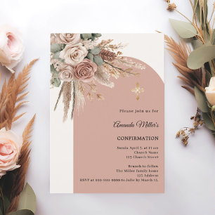 Invitation Roses taupe beige pampas arche ivoire Confirmation