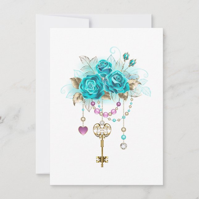 Invitation Roses turquoise avec touches (Devant)