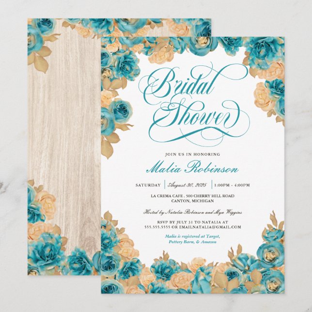 Invitation Roses turquoise et or Elégante Fête des mariées fl (Devant / Derrière)