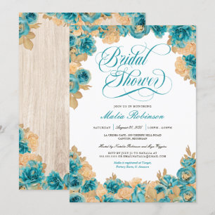 Invitation Roses turquoise et or Elégante Fête des mariées fl