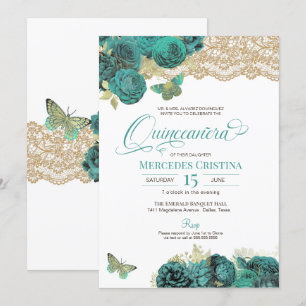 Invitation Roses turquoise et papillon de dentelle Quinceañer