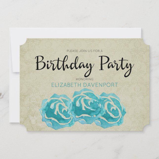 Invitation Roses turquoises D'Aquarelle Sur Tan Damask Annive (Devant)