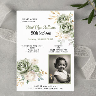 Invitation Roses vert sauge feuilles dorées 80 ans Photo