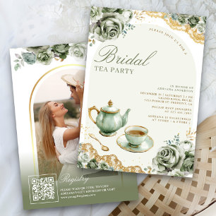Invitation Roses Vert Sauge Salon de Thé Floral Mariage
