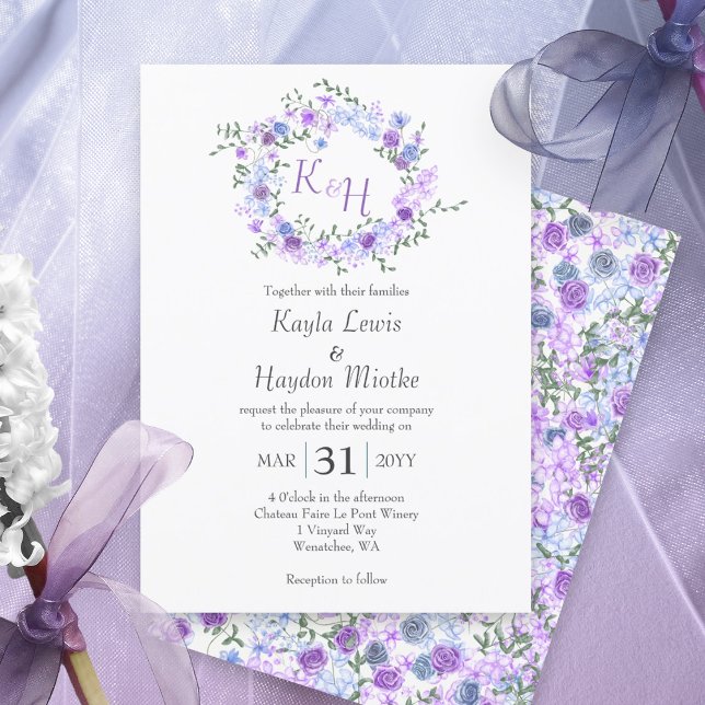 Invitation Roses violet et bleu clair Mariage couronne (Purple, light blue, lavender rose wreath botanical rose garden wedding invitations, round roses vine)