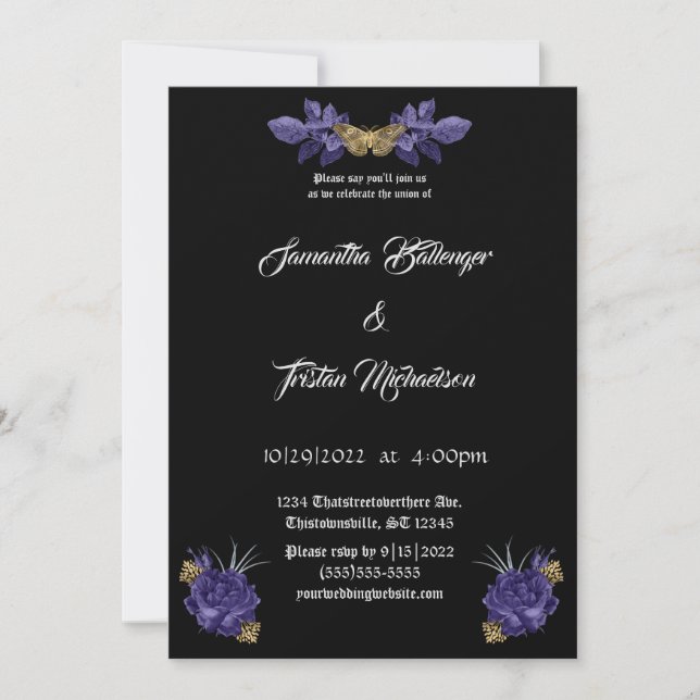 Invitation Roses violets avec Mariage gothique de la teigne d (Devant)