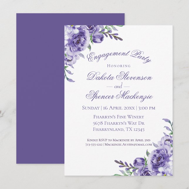 Invitation Roses violets | Elégant Fiançailles Boho aquarelle (Devant / Derrière)