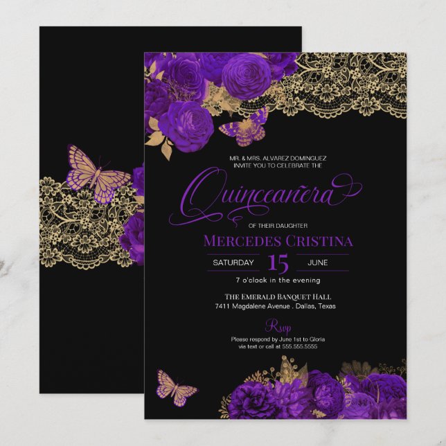 Invitation Roses violets et papillon de dentelle Quinceañera (Devant / Derrière)