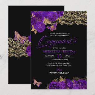 Invitation Roses violets et papillon de dentelle Quinceañera