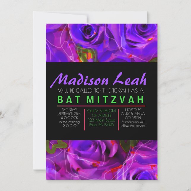 Invitation ROSES WATERCOLOR PURPLE NEON Bat mitzvah (Devant)
