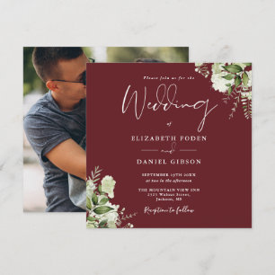 Invitation Rosewood Pink Greenery Floral Photo Carré Mariage