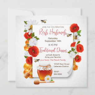 Invitation Rosh Hashanah Honey et Red Poppies